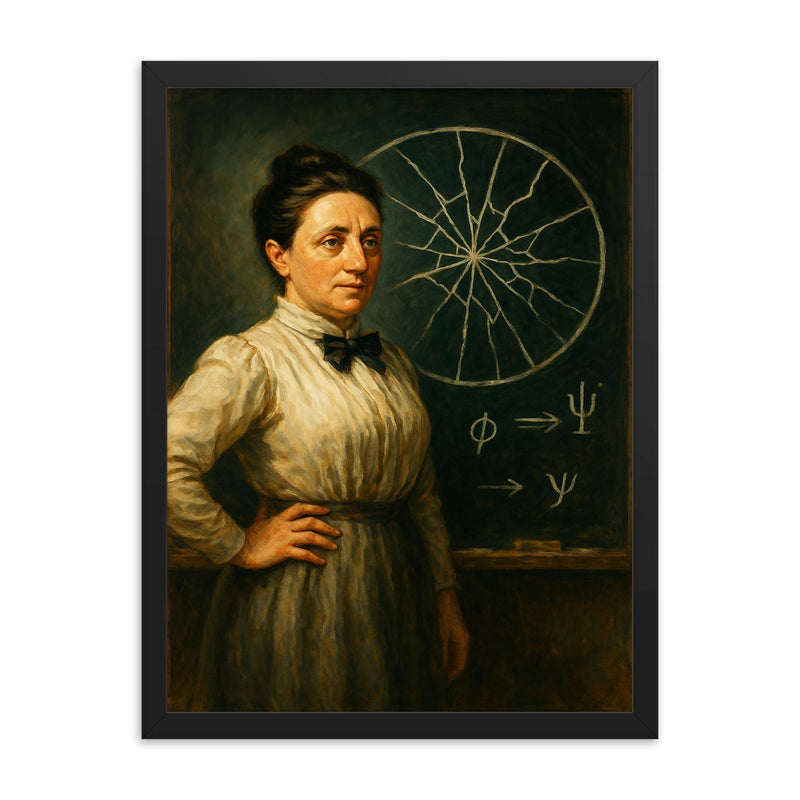 Emmy Noether before shattered symmetry blackboard framed print on a plain backdrop in size 18