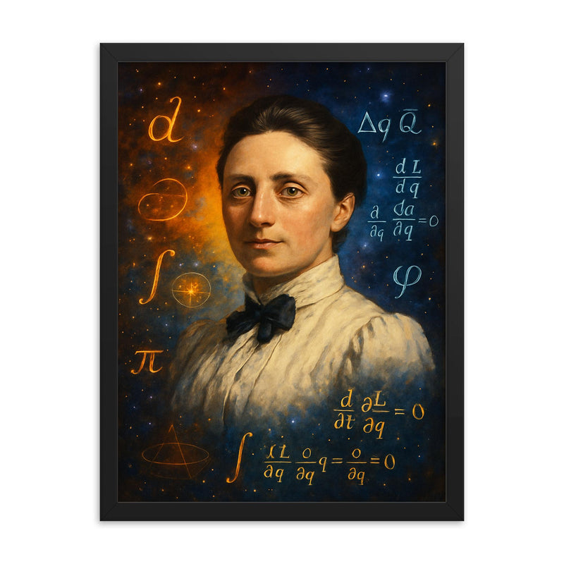 Emmy Noether framed print on a plain backdrop in size 18