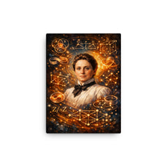 Emmy Noether framed by abstract algebra diagrams canvas print on a plain backdrop in size 12"x16".