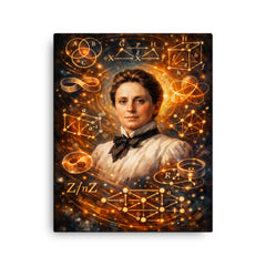 Emmy Noether framed by abstract algebra diagrams canvas print on a plain backdrop in size 16"x20".