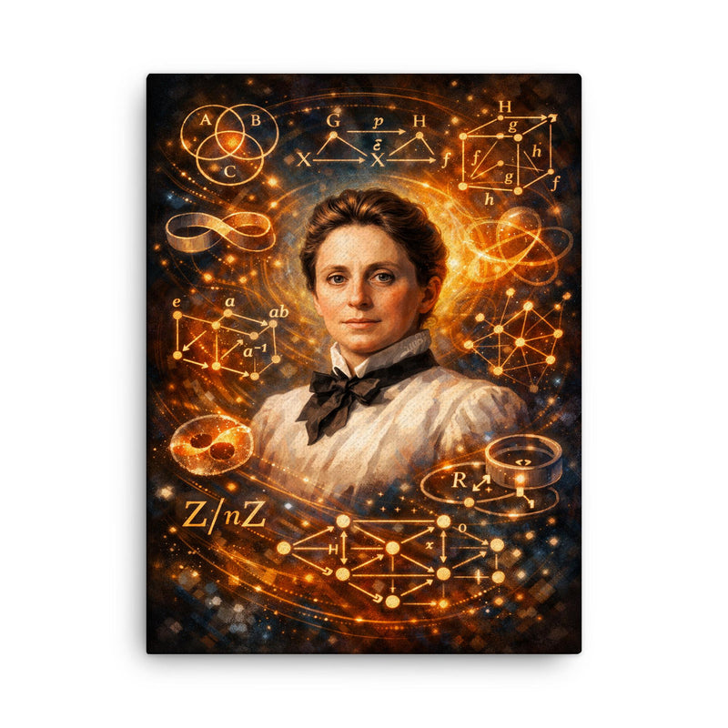 Emmy Noether framed by abstract algebra diagrams canvas print on a plain backdrop in size 18