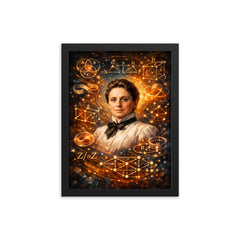Emmy Noether framed by abstract algebra diagrams framed print on a plain backdrop in size 12"x16".