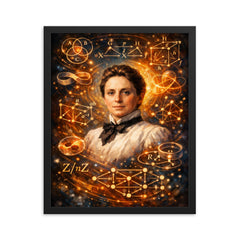 Emmy Noether framed by abstract algebra diagrams framed print on a plain backdrop in size 16"x20".