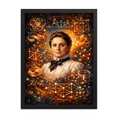 Emmy Noether framed by abstract algebra diagrams framed print on a plain backdrop in size 18"x24".