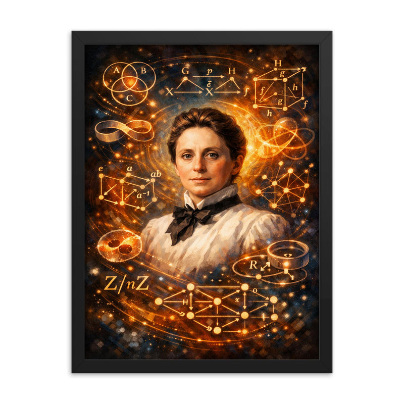 Emmy Noether framed by abstract algebra diagrams framed print on a plain backdrop in size 18