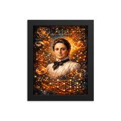 Emmy Noether framed by abstract algebra diagrams framed print on a plain backdrop in size 8"x10".