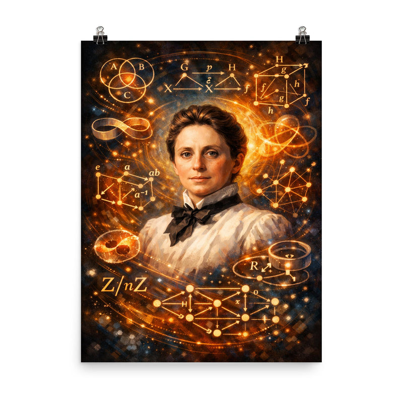 Emmy Noether framed by abstract algebra diagrams poster on a plain backdrop in size 8
