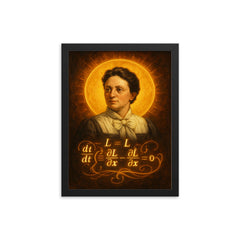 Emmy Noether theorem diagram haloed like a saint framed print on a plain backdrop in size 12"x16".