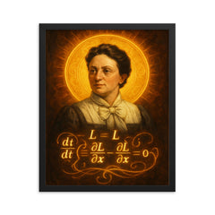 Emmy Noether theorem diagram haloed like a saint framed print on a plain backdrop in size 16"x20".