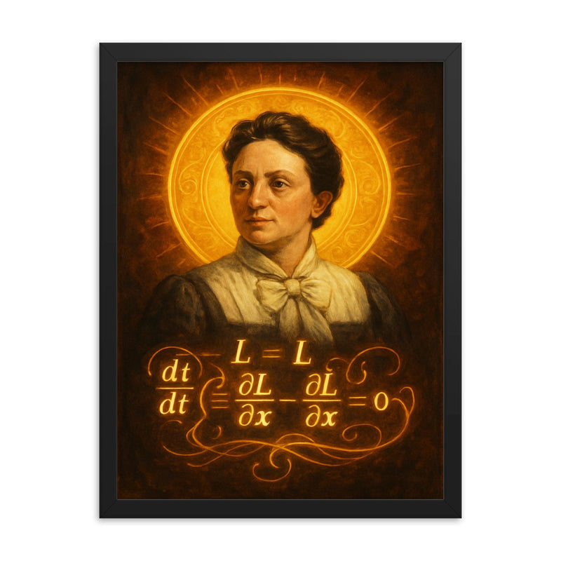 Emmy Noether theorem diagram haloed like a saint framed print on a plain backdrop in size 18
