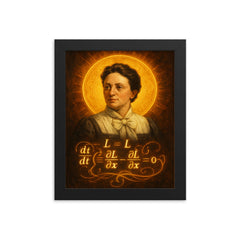 Emmy Noether theorem diagram haloed like a saint framed print on a plain backdrop in size 8"x10".