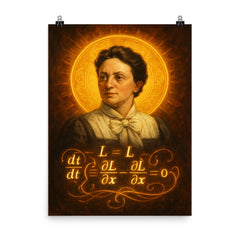 Emmy Noether theorem diagram haloed like a saint poster on a plain backdrop in size 8"x10".