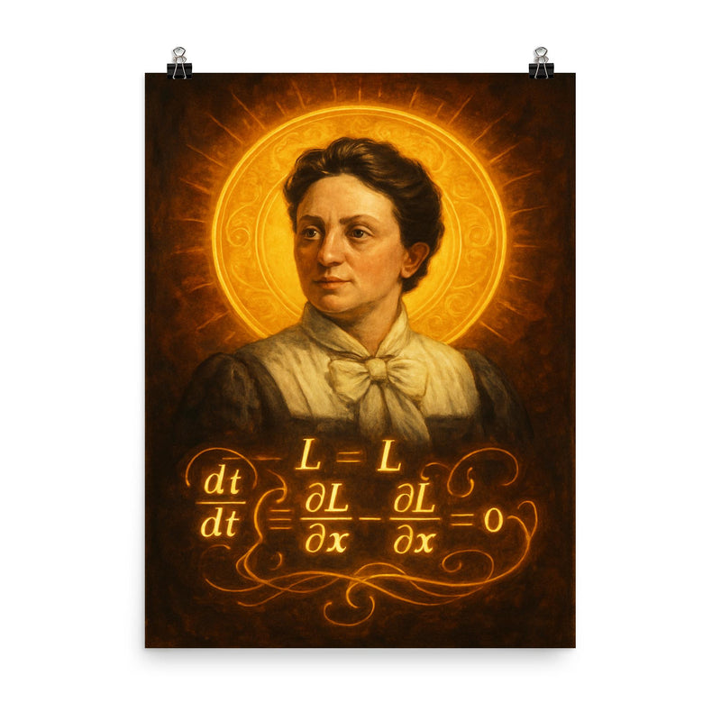 Emmy Noether theorem diagram haloed like a saint poster on a plain backdrop in size 8