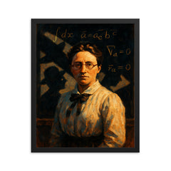 Emmy Noether under forbidden lecture shadows framed print on a plain backdrop in size 16"x20".