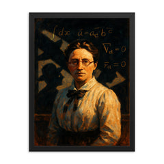 Emmy Noether under forbidden lecture shadows framed print on a plain backdrop in size 18"x24".