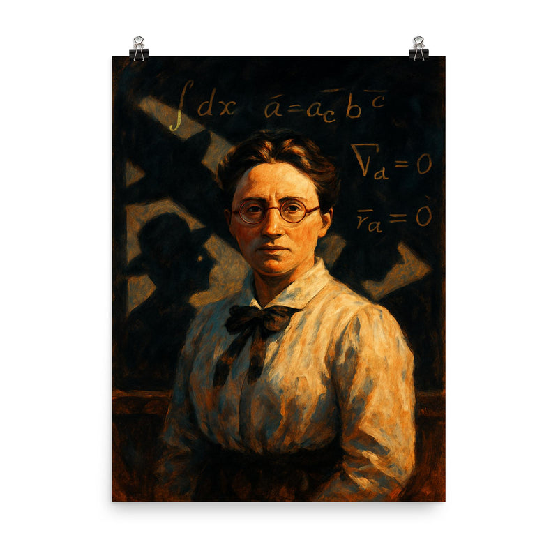 Emmy Noether under forbidden lecture shadows poster on a plain backdrop in size 8