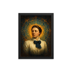 Emmy Noether with symmetries radiating like halos framed print on a plain backdrop in size 12"x16".