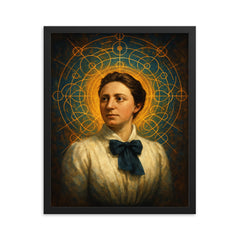 Emmy Noether with symmetries radiating like halos framed print on a plain backdrop in size 16"x20".