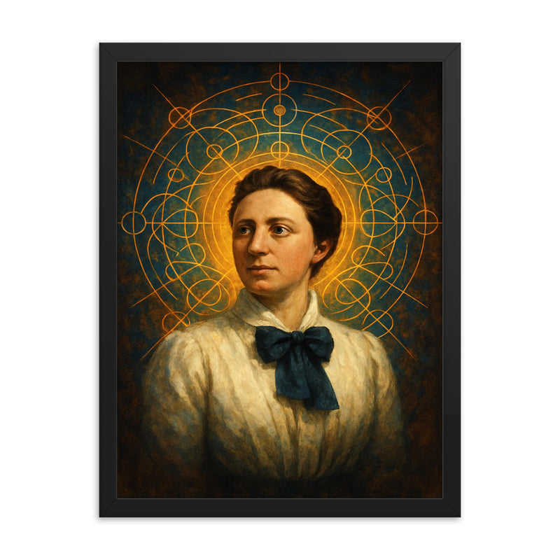 Emmy Noether with symmetries radiating like halos framed print on a plain backdrop in size 18