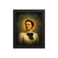 Emmy Noether with symmetries radiating like halos framed print on a plain backdrop in size 8"x10".
