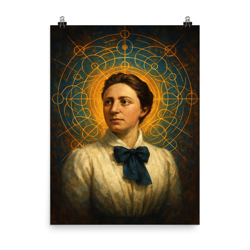 Emmy Noether with symmetries radiating like halos poster on a plain backdrop in size 8