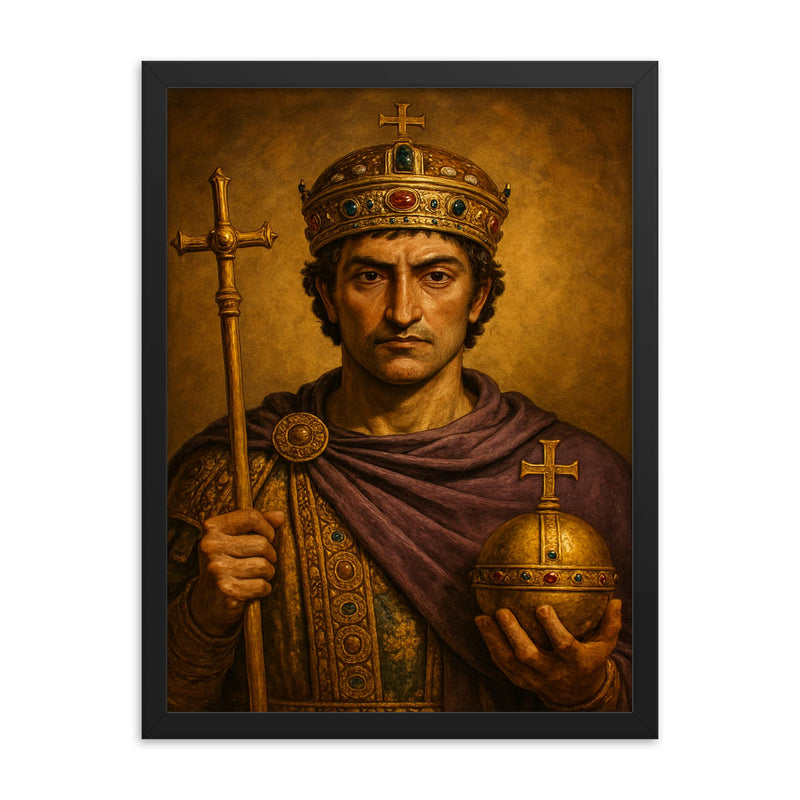 Emperor Justinian I framed print on a plain backdrop in size 18