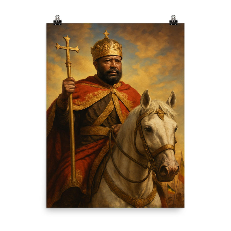 Emperor Menelik II after Adwa victory poster on a plain backdrop in size 8