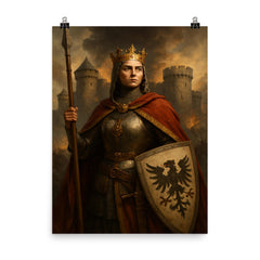 Empress Matilda armored claimant before besieged English castle poster on a plain backdrop in size 8"x10".