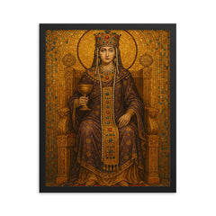 Empress Theodora enthroned in Byzantine gold mosaic splendor framed print on a plain backdrop in size 16"x20".