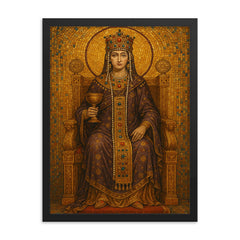 Empress Theodora enthroned in Byzantine gold mosaic splendor framed print on a plain backdrop in size 18"x24".