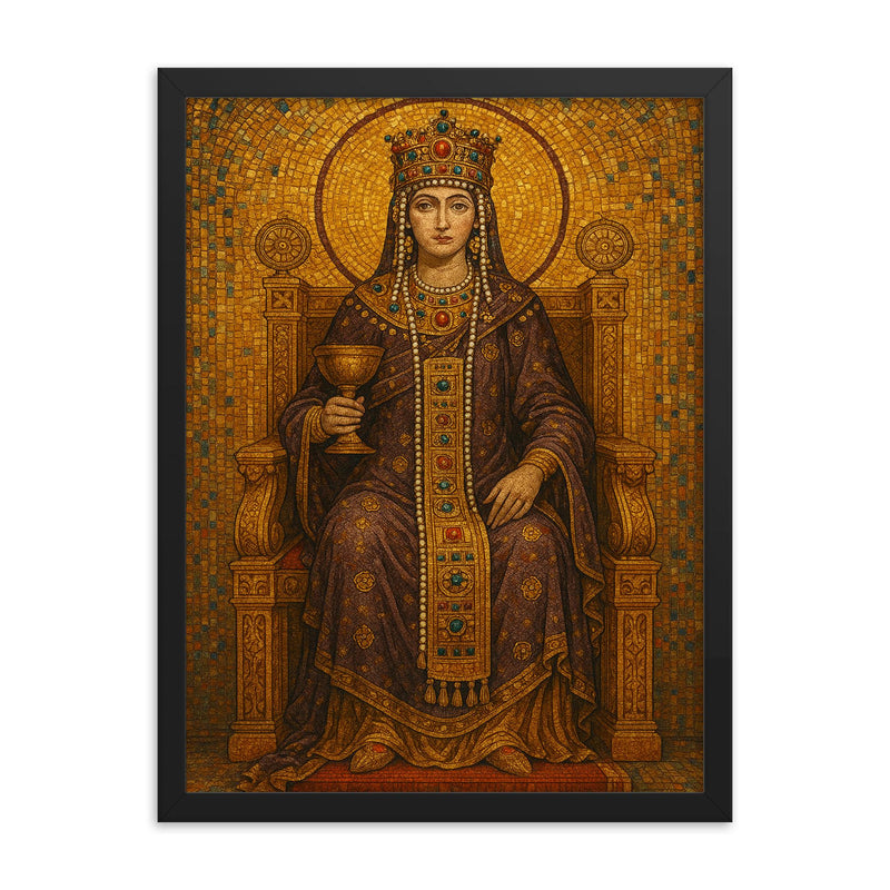 Empress Theodora enthroned in Byzantine gold mosaic splendor framed print on a plain backdrop in size 18