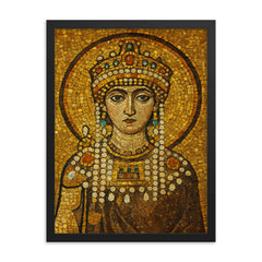 Empress Theodora in imperial Byzantine gold mosaic style framed print on a plain backdrop in size 18"x24".