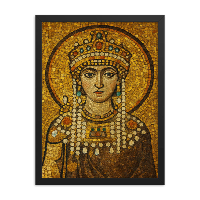 Empress Theodora in imperial Byzantine gold mosaic style framed print on a plain backdrop in size 18