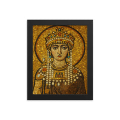 Empress Theodora in imperial Byzantine gold mosaic style framed print on a plain backdrop in size 8"x10".