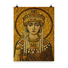 Empress Theodora in imperial Byzantine gold mosaic style poster on a plain backdrop in size 8"x10".