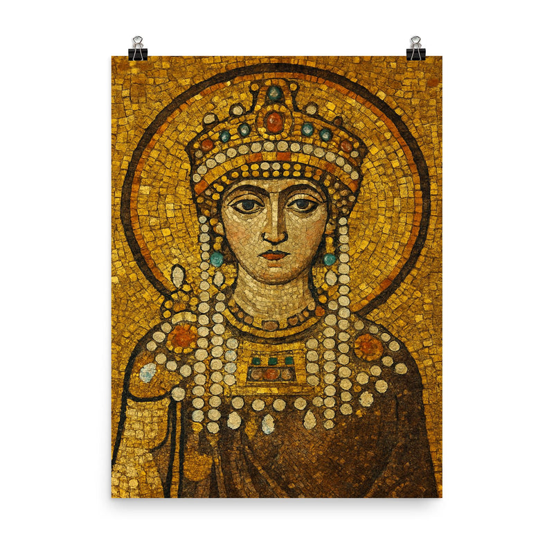 Empress Theodora in imperial Byzantine gold mosaic style poster on a plain backdrop in size 8