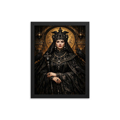 Empress Theodora in raven black Byzantine regalia framed print on a plain backdrop in size 12"x16".