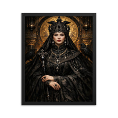 Empress Theodora in raven black Byzantine regalia framed print on a plain backdrop in size 16"x20".