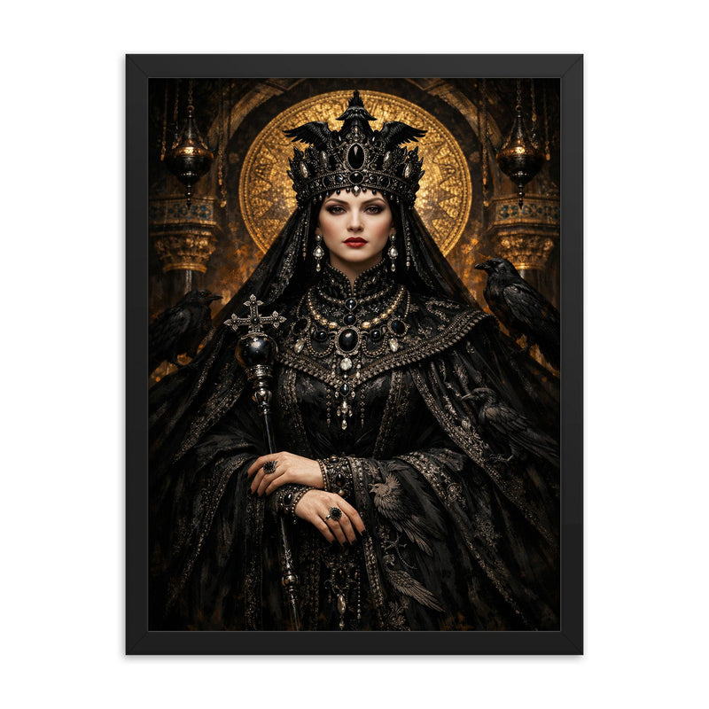 Empress Theodora in raven black Byzantine regalia framed print on a plain backdrop in size 18