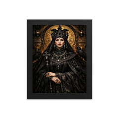 Empress Theodora in raven black Byzantine regalia framed print on a plain backdrop in size 8"x10".