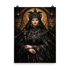 Empress Theodora in raven black Byzantine regalia poster on a plain backdrop in size 8"x10".