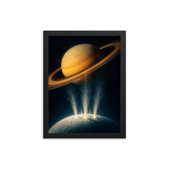 Enceladus geysers erupting into Saturn light framed print on a plain backdrop in size 12"x16".