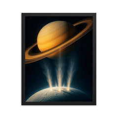 Enceladus geysers erupting into Saturn light framed print on a plain backdrop in size 16"x20".