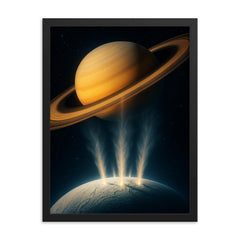 Enceladus geysers erupting into Saturn light framed print on a plain backdrop in size 18"x24".