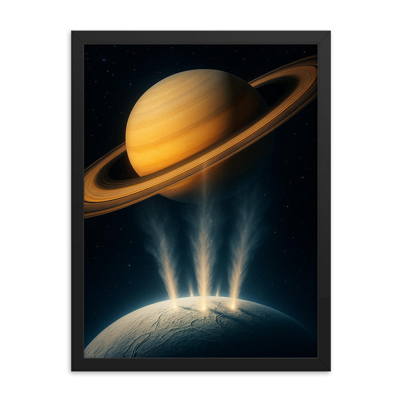 Enceladus geysers erupting into Saturn light framed print on a plain backdrop in size 18