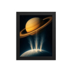 Enceladus geysers erupting into Saturn light framed print on a plain backdrop in size 8"x10".