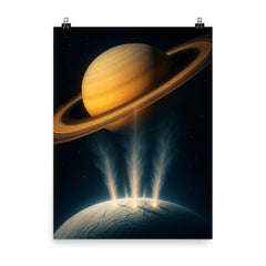 Enceladus geysers erupting into Saturn light poster on a plain backdrop in size 8"x10".