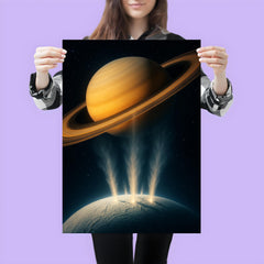 Enceladus geysers erupting into Saturn light poster 3