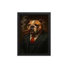 English Bulldog in a pinstripe suit smoking a cigar framed print on a plain backdrop in size 12"x16".