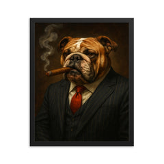English Bulldog in a pinstripe suit smoking a cigar framed print on a plain backdrop in size 16"x20".